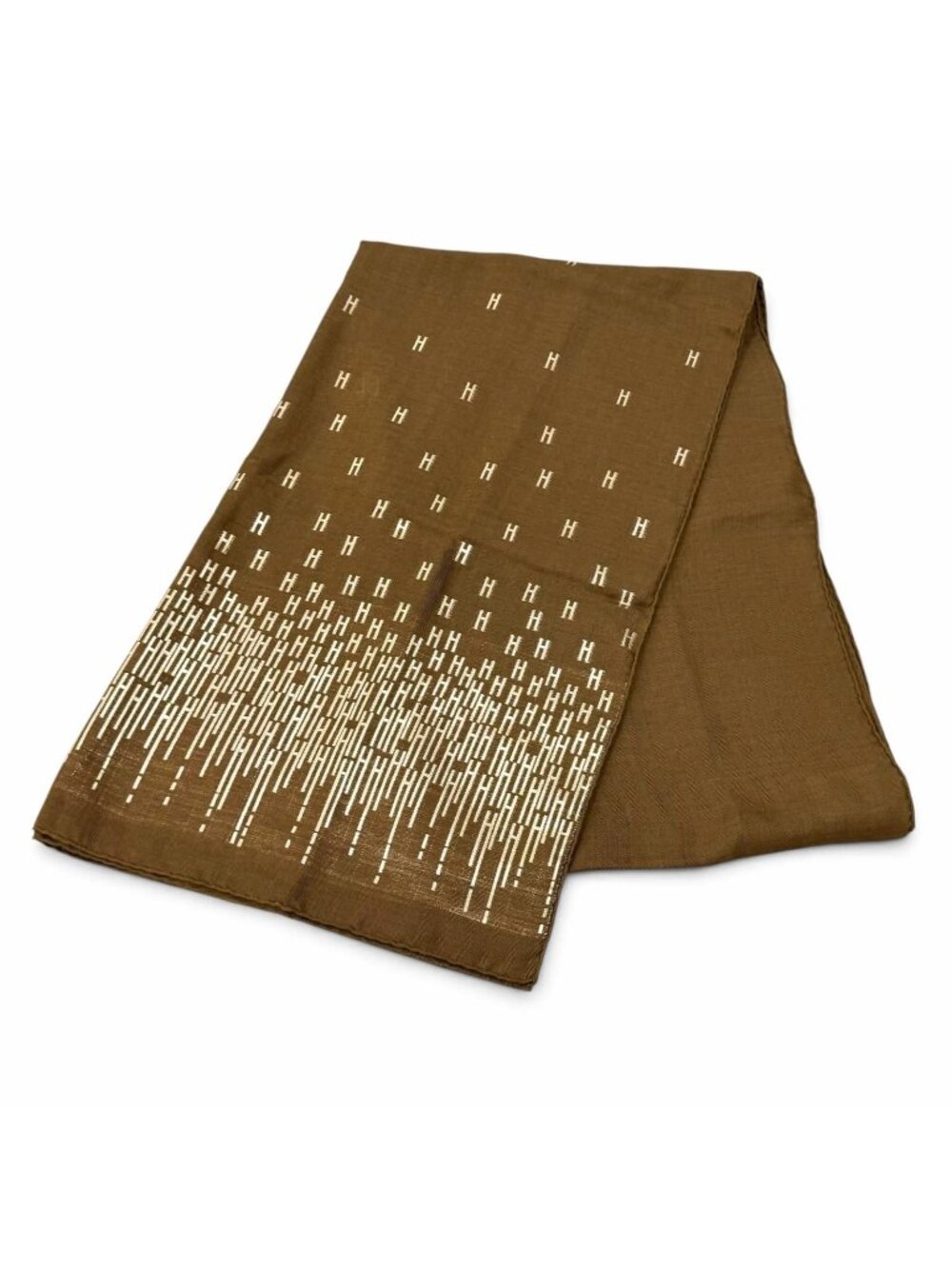 Hermes Silk Cashmere Blend H Logo Shawl Brown Gold Scarf